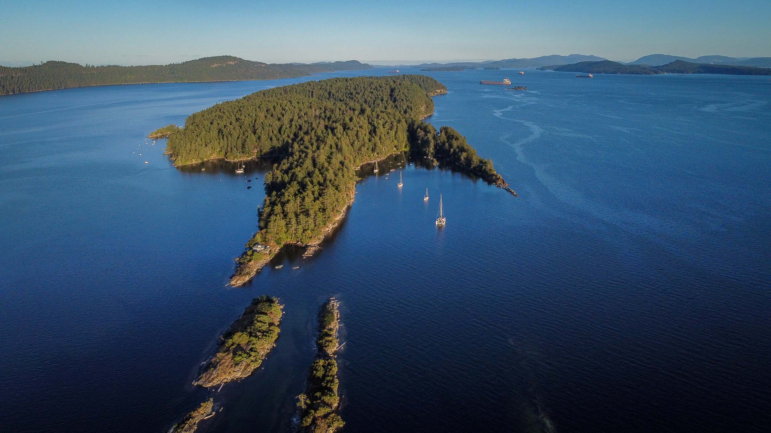 Forest island reflected in calm Howe Sound water.