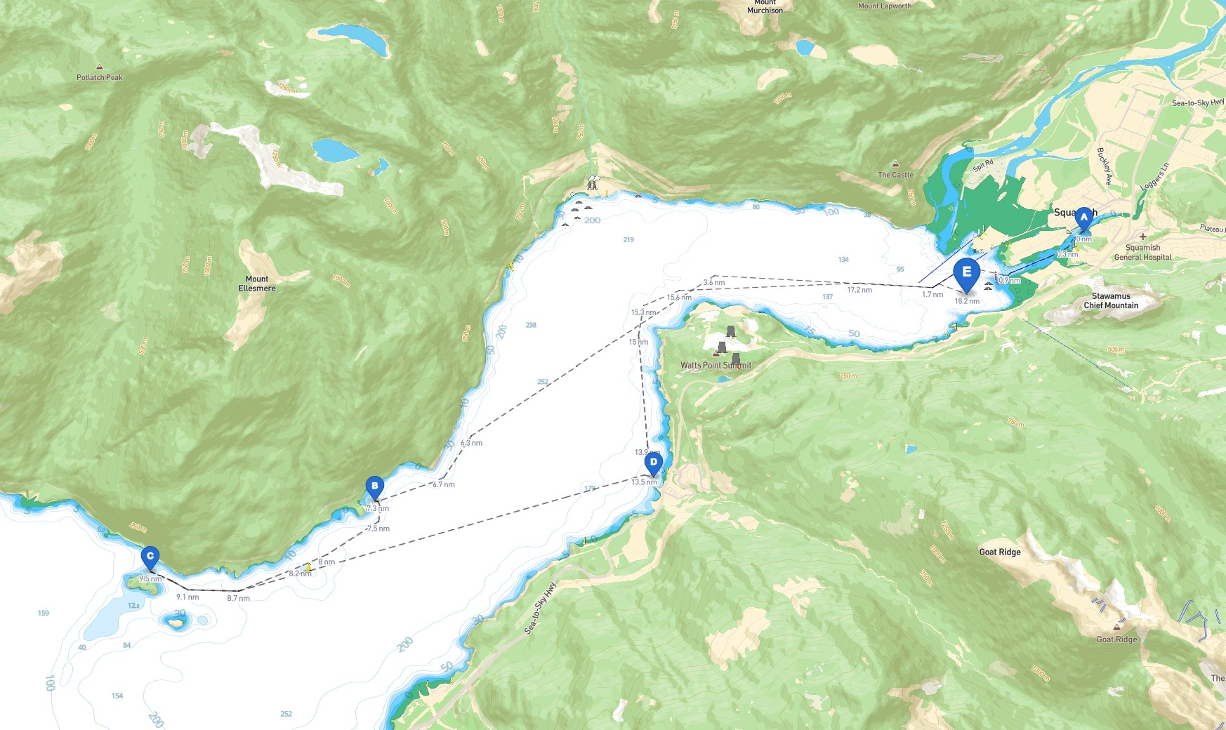 Map of a typical Day Sail route from Squamish into northern Howe Sound