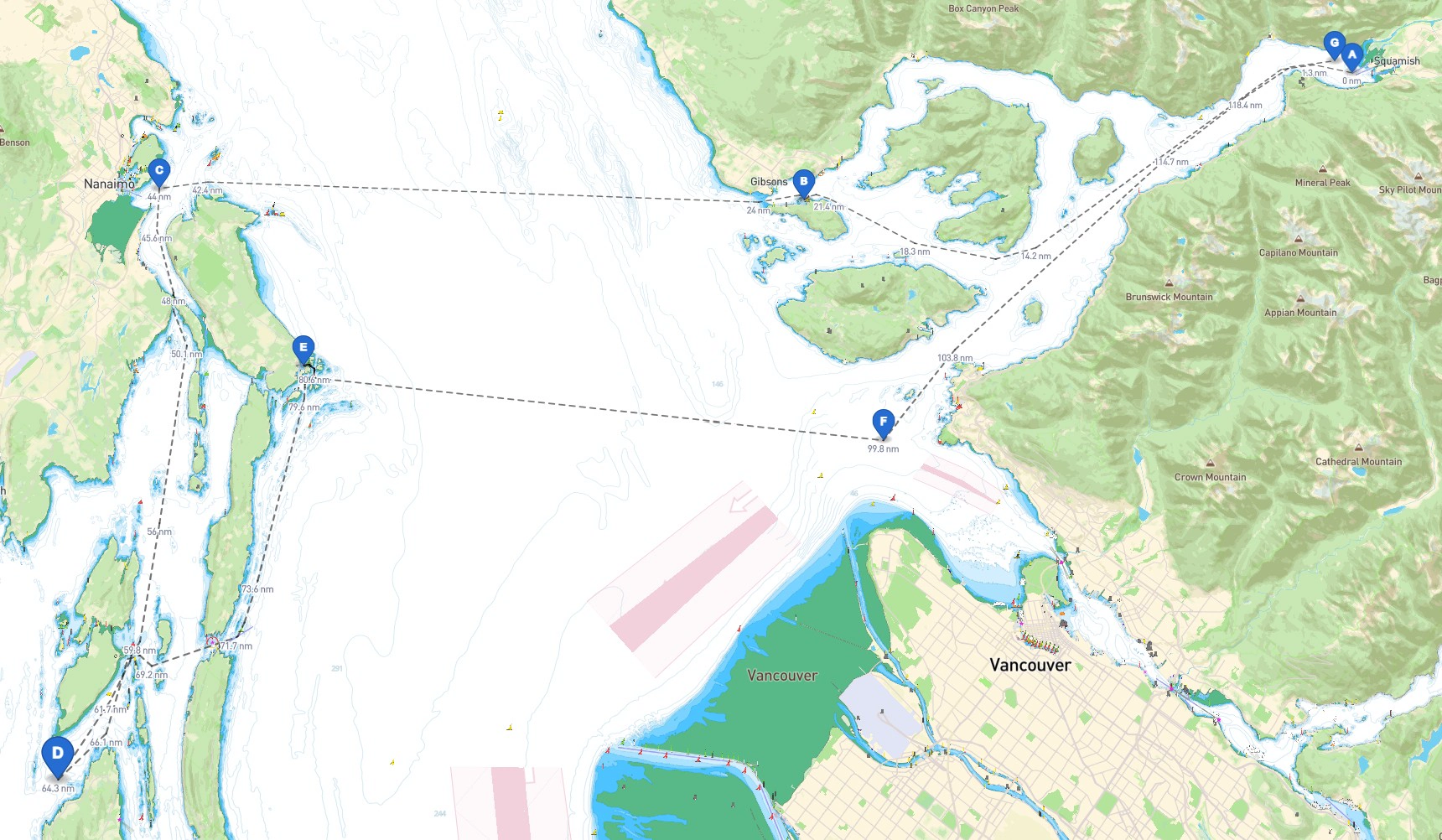 Map of our typical 5-Day Intensive route from Squamish through Howe Sound, Strait of Georgia, and the Gulf Islands