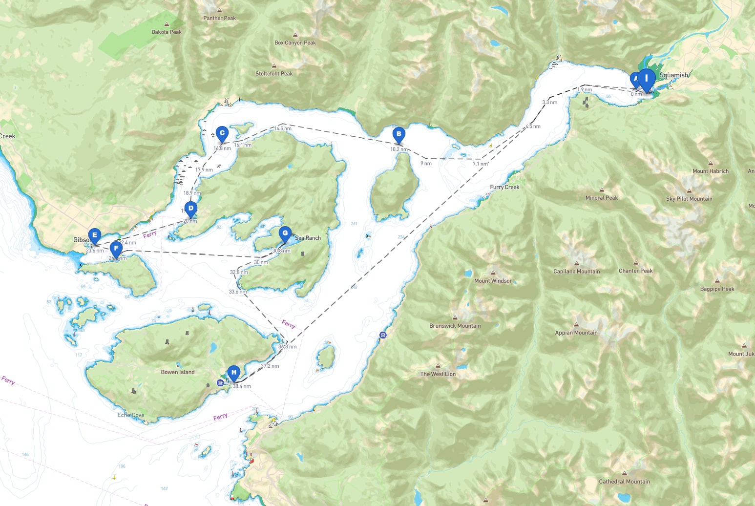 Map of a typical Weekend Course route from Squamish through Howe Sound